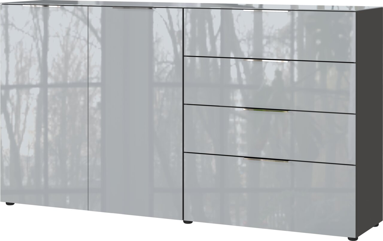 Modernes XL-Sideboard mit Hochglanzoberfläche, zwei Türen und vier Schubladen, seitliche Perspektive