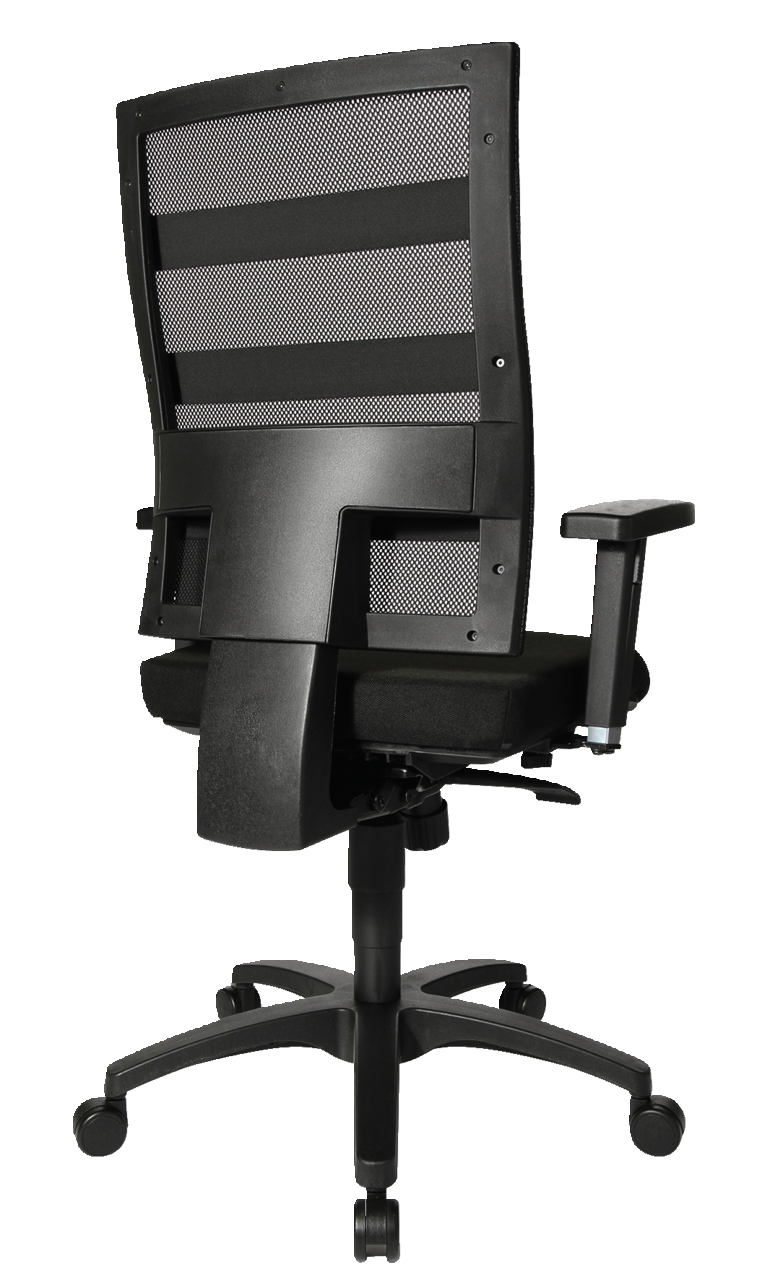 Rückansicht eines schwarzen Drehstuhls mit Netzrückenlehne und verstellbaren Armlehnen.