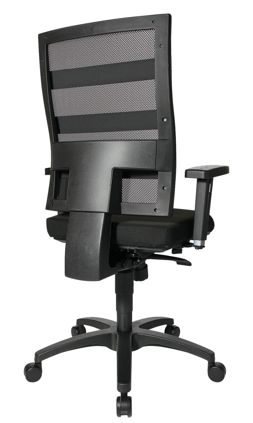 Rückansicht eines schwarzen Drehstuhls mit Netzrückenlehne und verstellbaren Armlehnen.