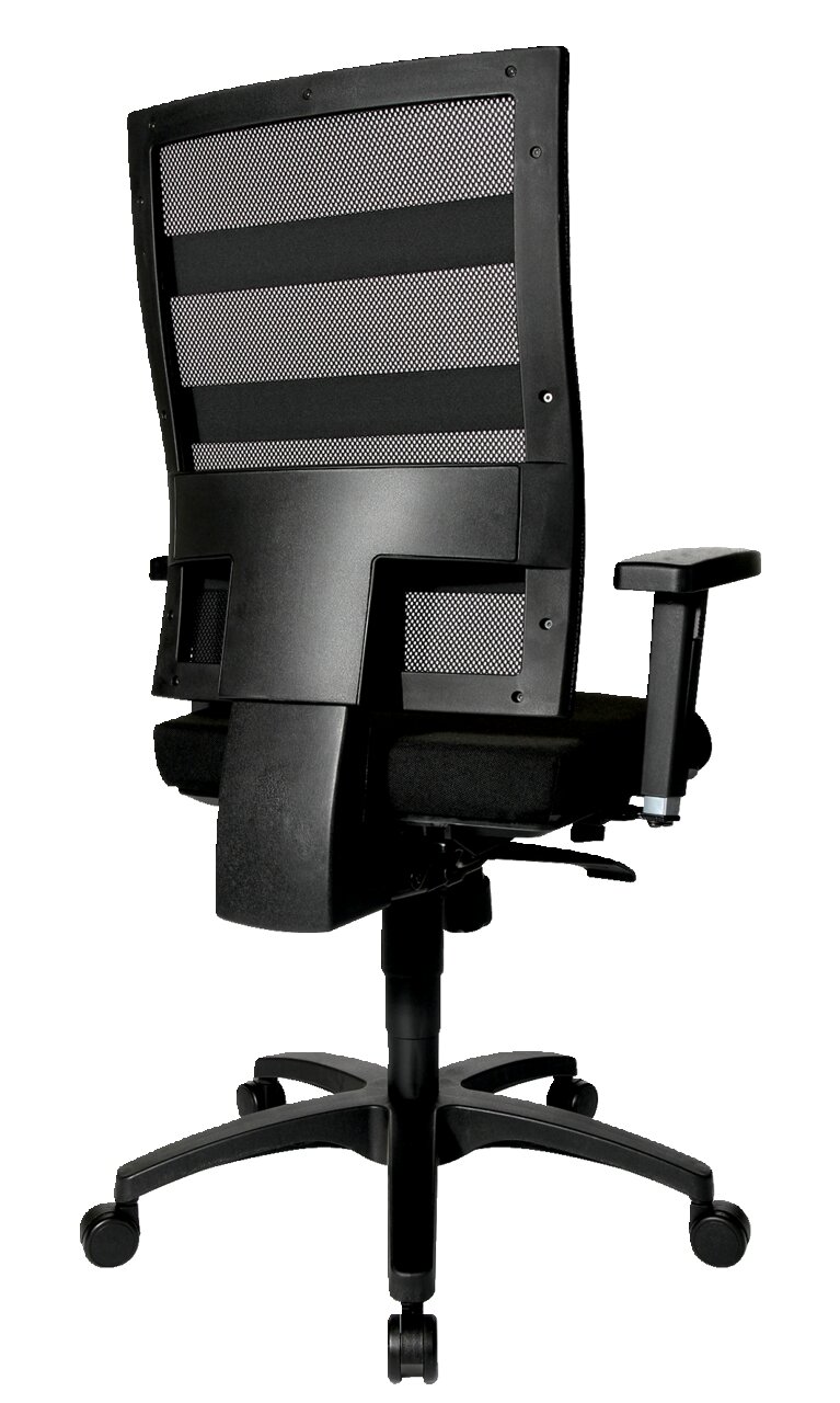 Rückansicht eines schwarzen Drehstuhls mit Netzrückenlehne und verstellbaren Armlehnen.