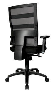 Rückansicht eines schwarzen Drehstuhls mit Netzrückenlehne und verstellbaren Armlehnen.