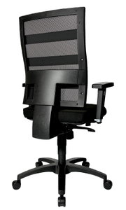 Rückansicht eines schwarzen Drehstuhls mit Netzrückenlehne und verstellbaren Armlehnen.