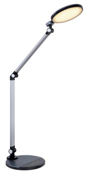 Moderne Tischleuchte mit verstellbarem Arm und rundem Leuchtkopf, seitliche Perspektive
