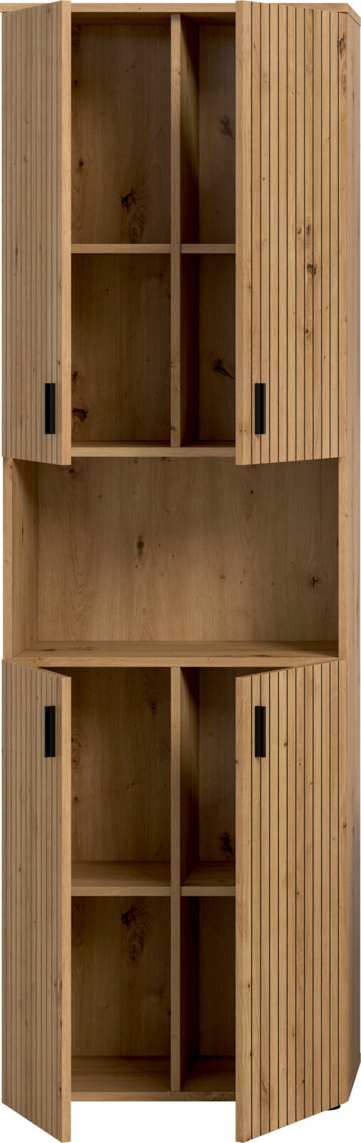 Hoher Holzschrank aus massiver Eiche mit Lamellenfront und schwarzen Griffen, Türen geöffnet mit mehreren Fächern und Mittelablage, Frontansicht.