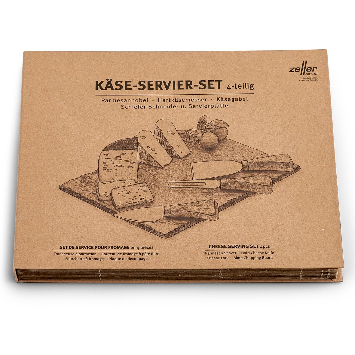 Verpackung eines 4-teiligen Käse-Servier-Sets mit Parmesan-Hobel, Hartkäsemesser, Käsegabel und Schiefer-Schneide- und Servierplatte, aus der Vogelperspektive.