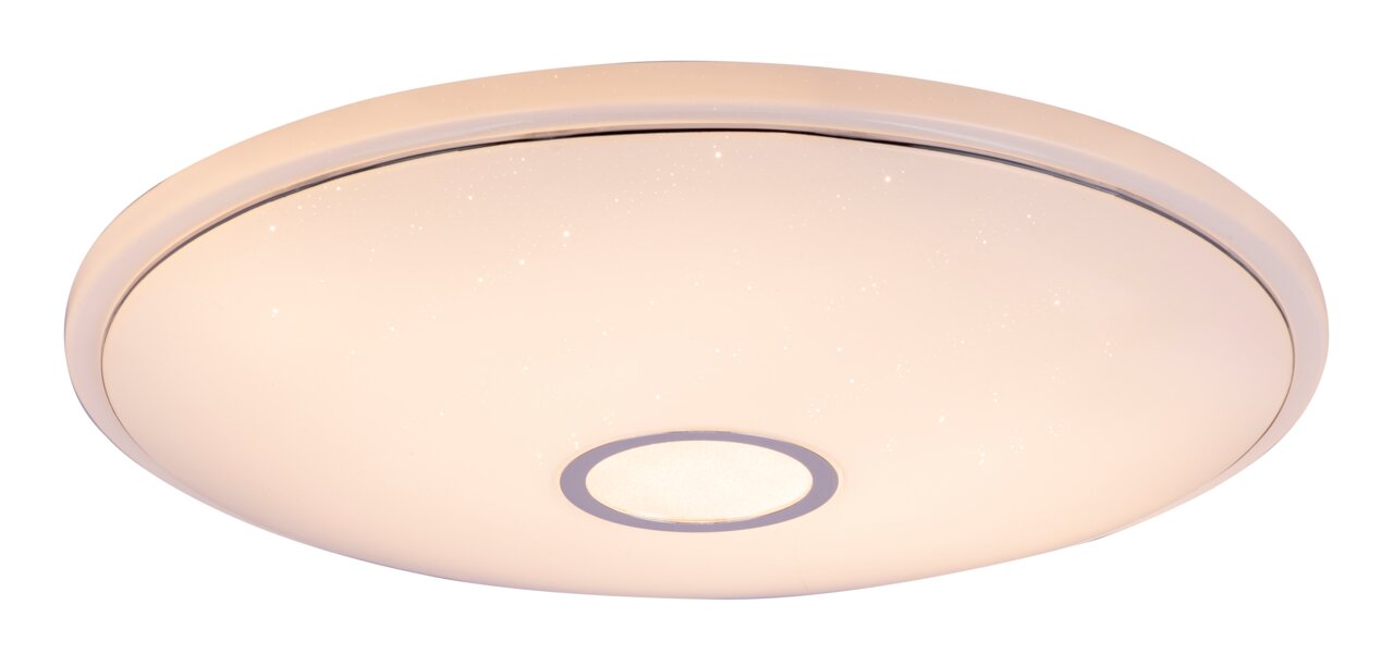 Runde Deckenleuchte mit glatter, weißer Oberfläche und zentralem Lichtpunkt, seitliche Perspektive