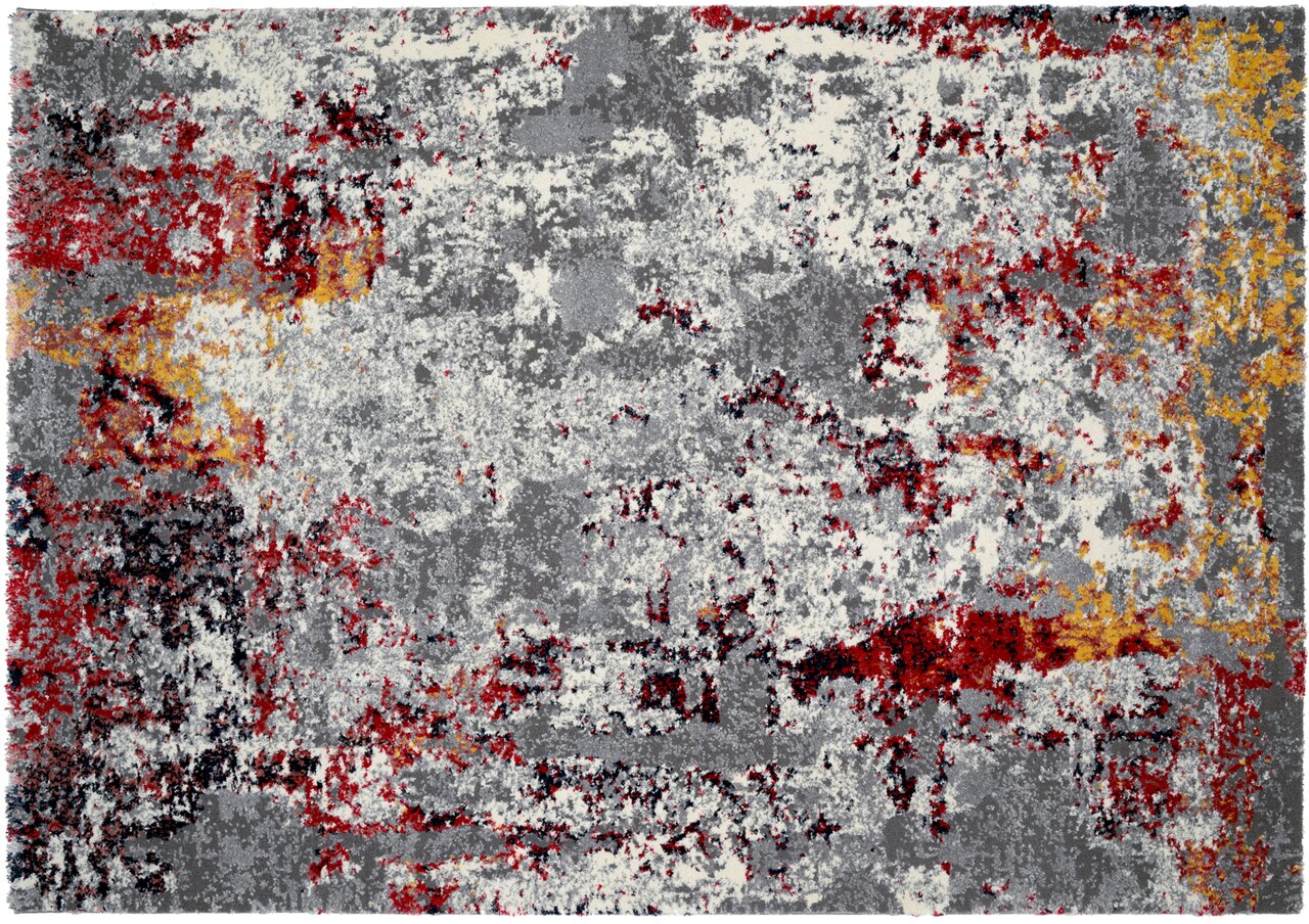 Moderner Designer-Teppich mit abstraktem Muster in Grau, Rot und Gelb, aus der Vogelperspektive fotografiert.