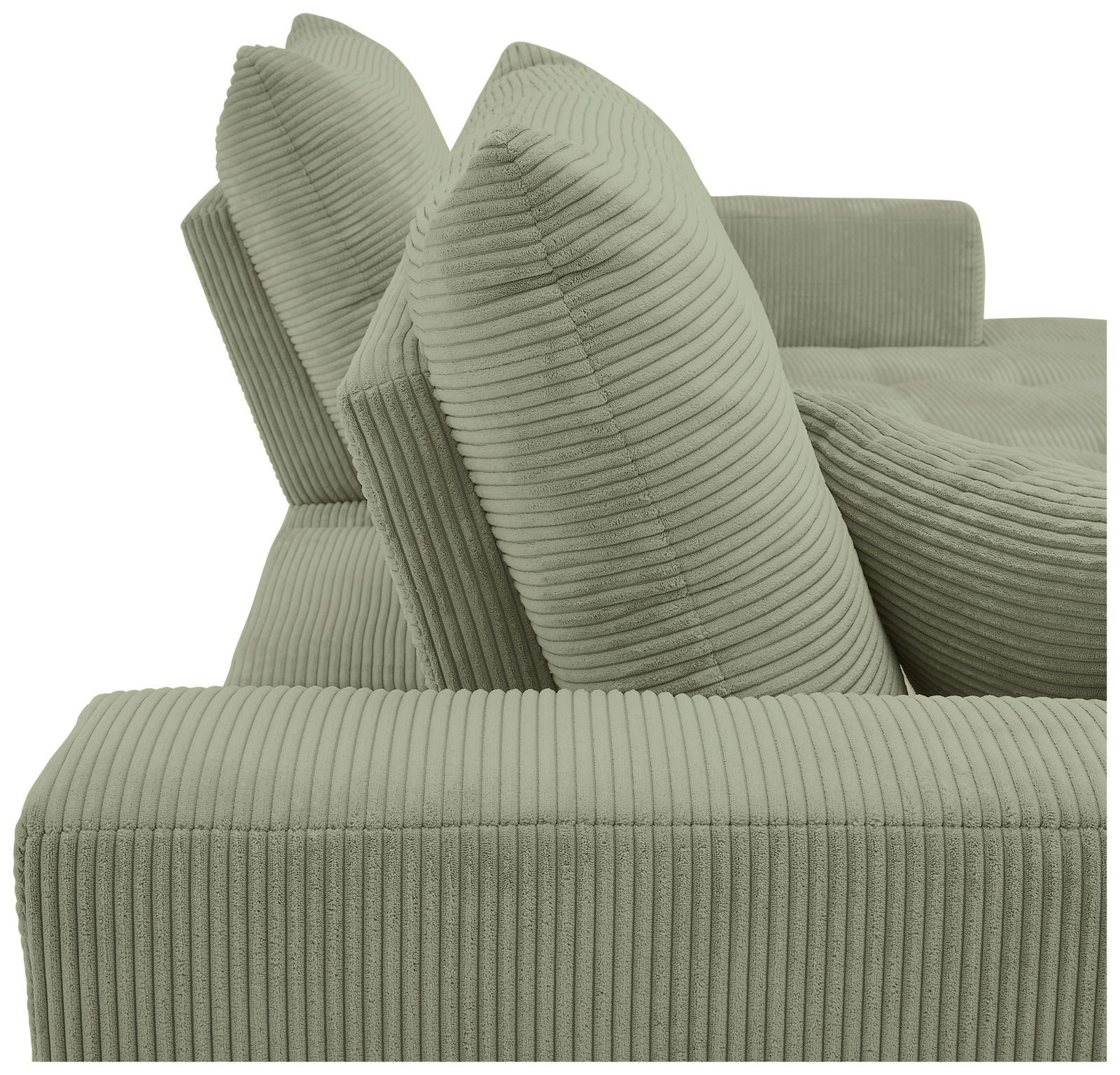 Nahaufnahme einer grünen, gerippten Sofaecke mit zwei großen Kissen, seitliche Perspektive.