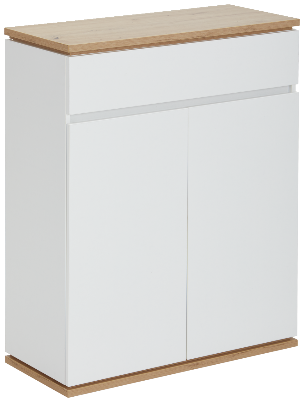 XORA Schuhschrank YAMAEL Moderner weißer Schuhschrank mit Holzoberfläche, seitliche Perspektive