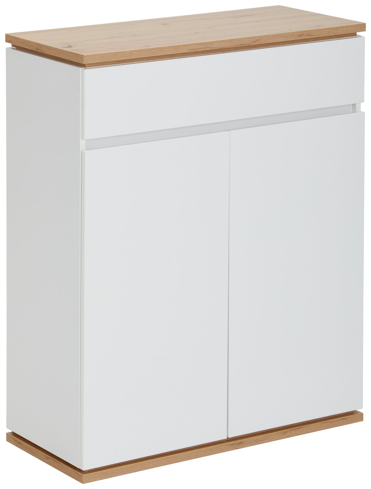 XORA Schuhschrank YAMAEL Moderner weißer Schuhschrank mit Holzoberfläche, seitliche Perspektive