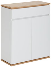 Moderner weißer Schuhschrank mit Holzoberfläche, seitliche Perspektive