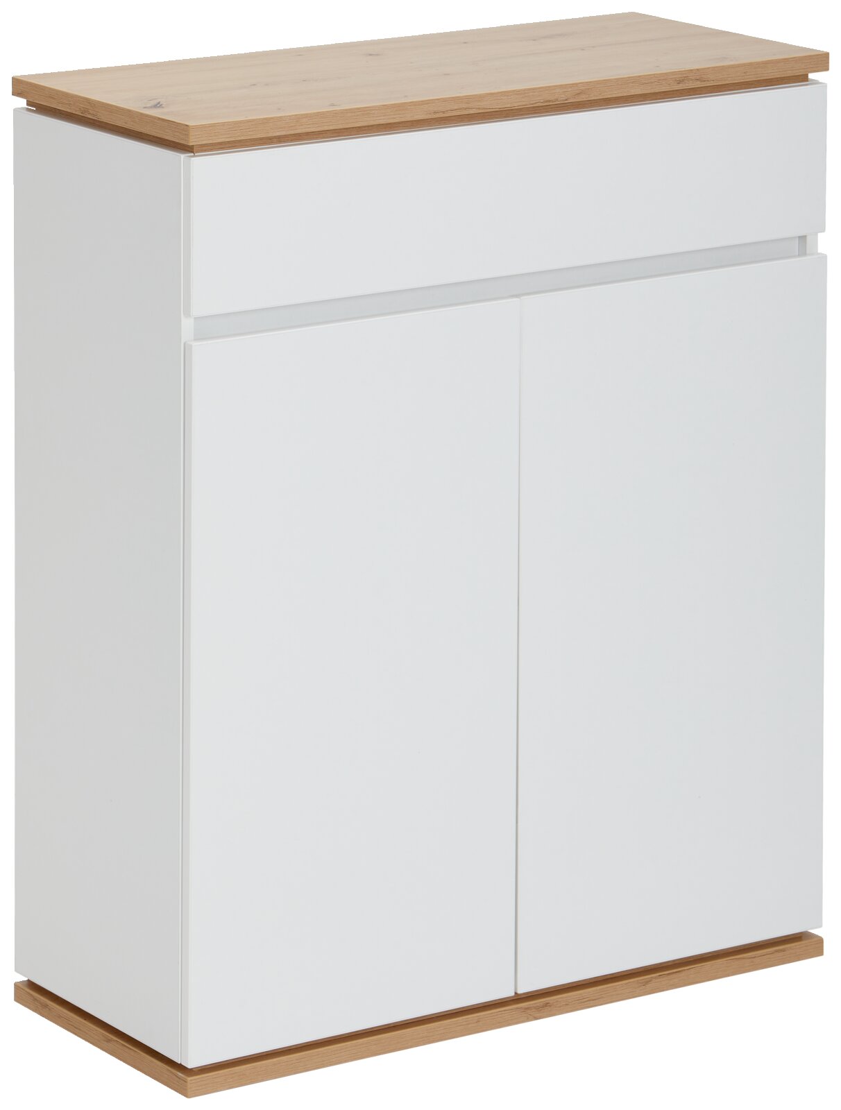 XORA Schuhschrank YAMAEL Moderner weißer Schuhschrank mit Holzoberfläche, seitliche Perspektive