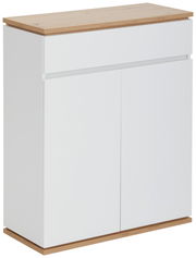 Moderner weißer Schuhschrank mit Holzoberfläche, seitliche Perspektive