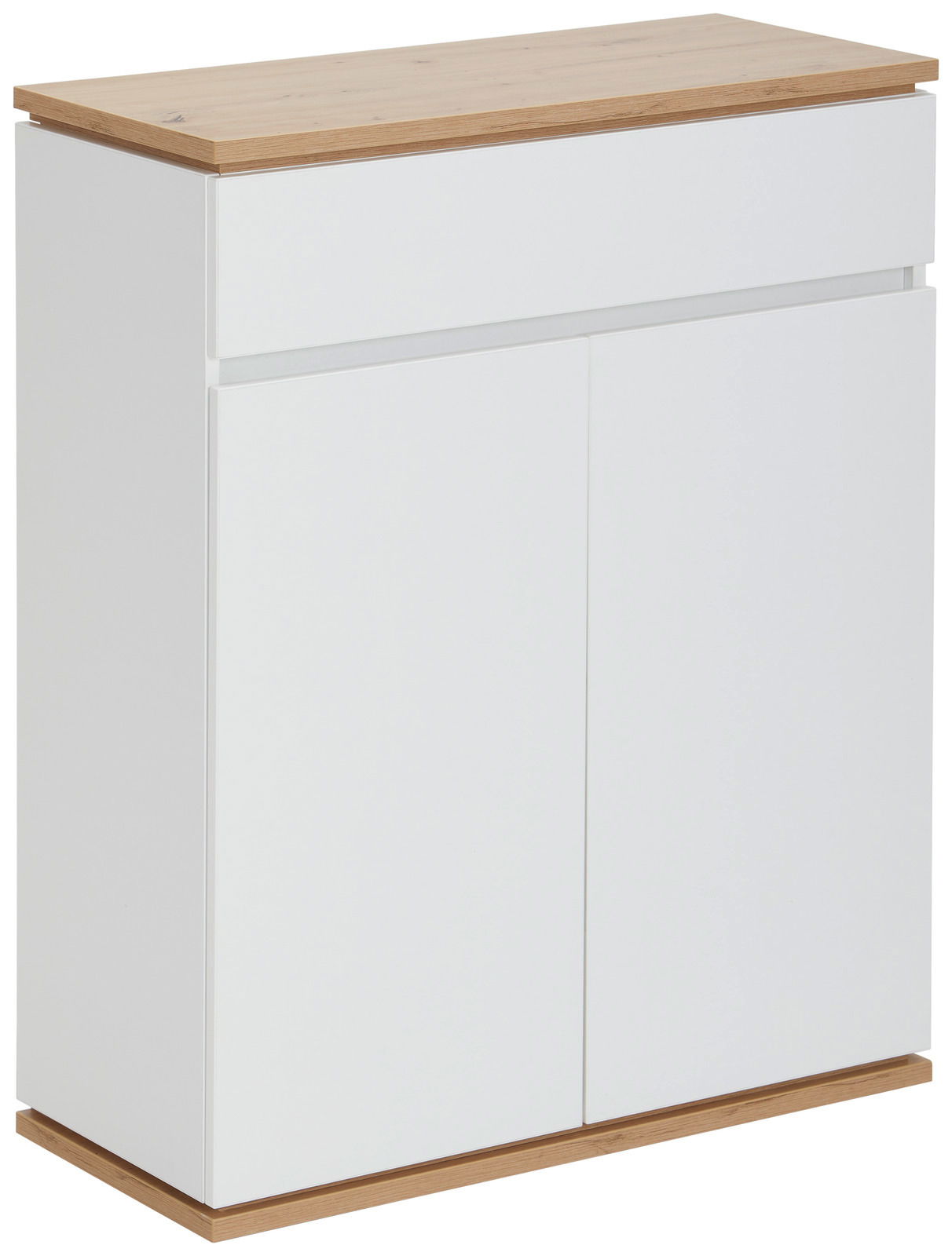 Moderner weißer Schuhschrank mit Holzoberfläche, seitliche Perspektive