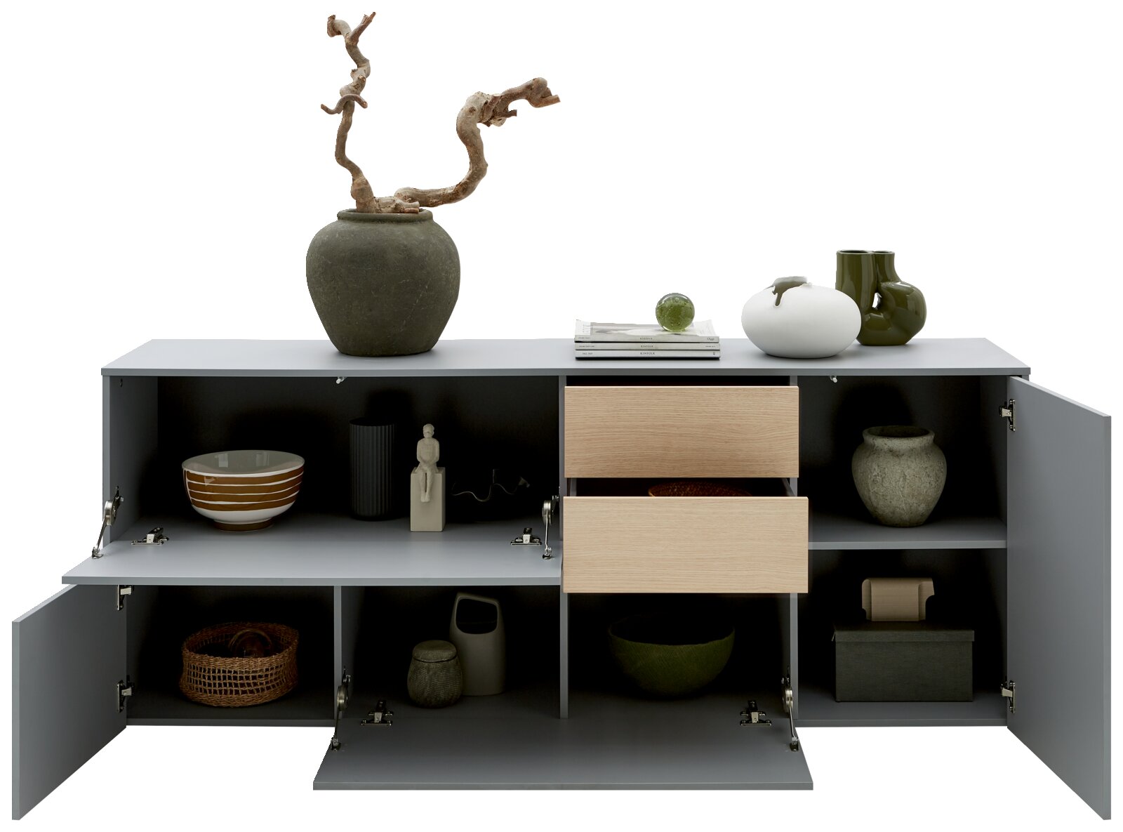 Vooraanzicht van een modern dressoir met open lades en deuren, versierd met vazen en keramische voorwerpen.