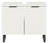 Moderner Waschbeckenunterschrank mit weißer, gerippter Frontansicht und schwarzen Griffen, frontal betrachtet.