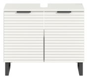 Moderner Waschbeckenunterschrank mit weißer, gerippter Frontansicht und schwarzen Griffen, frontal betrachtet.