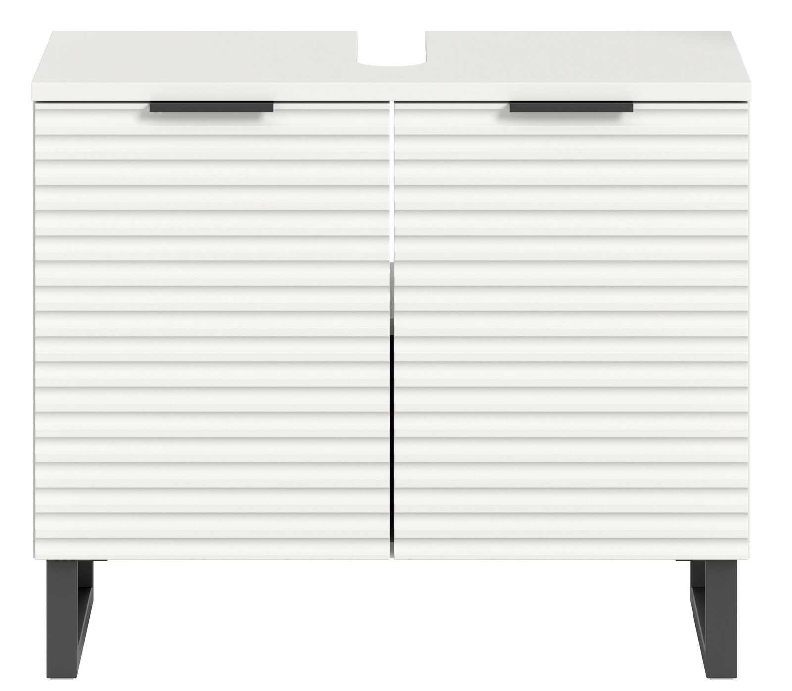 Moderner Waschbeckenunterschrank mit weißer, gerippter Frontansicht und schwarzen Griffen, frontal betrachtet.
