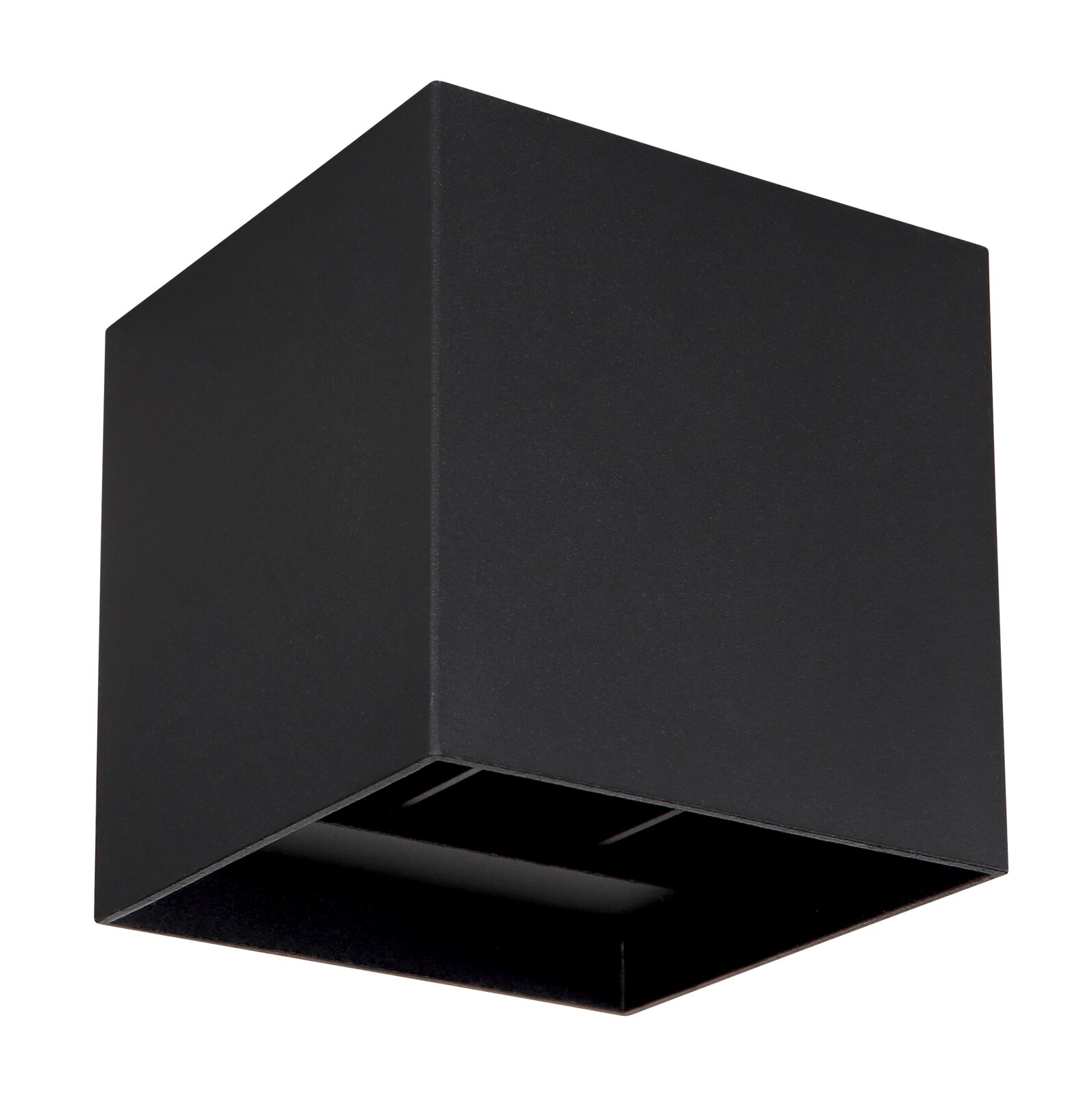 Moderne schwarze Außenleuchte in kubischer Form, seitliche Perspektive