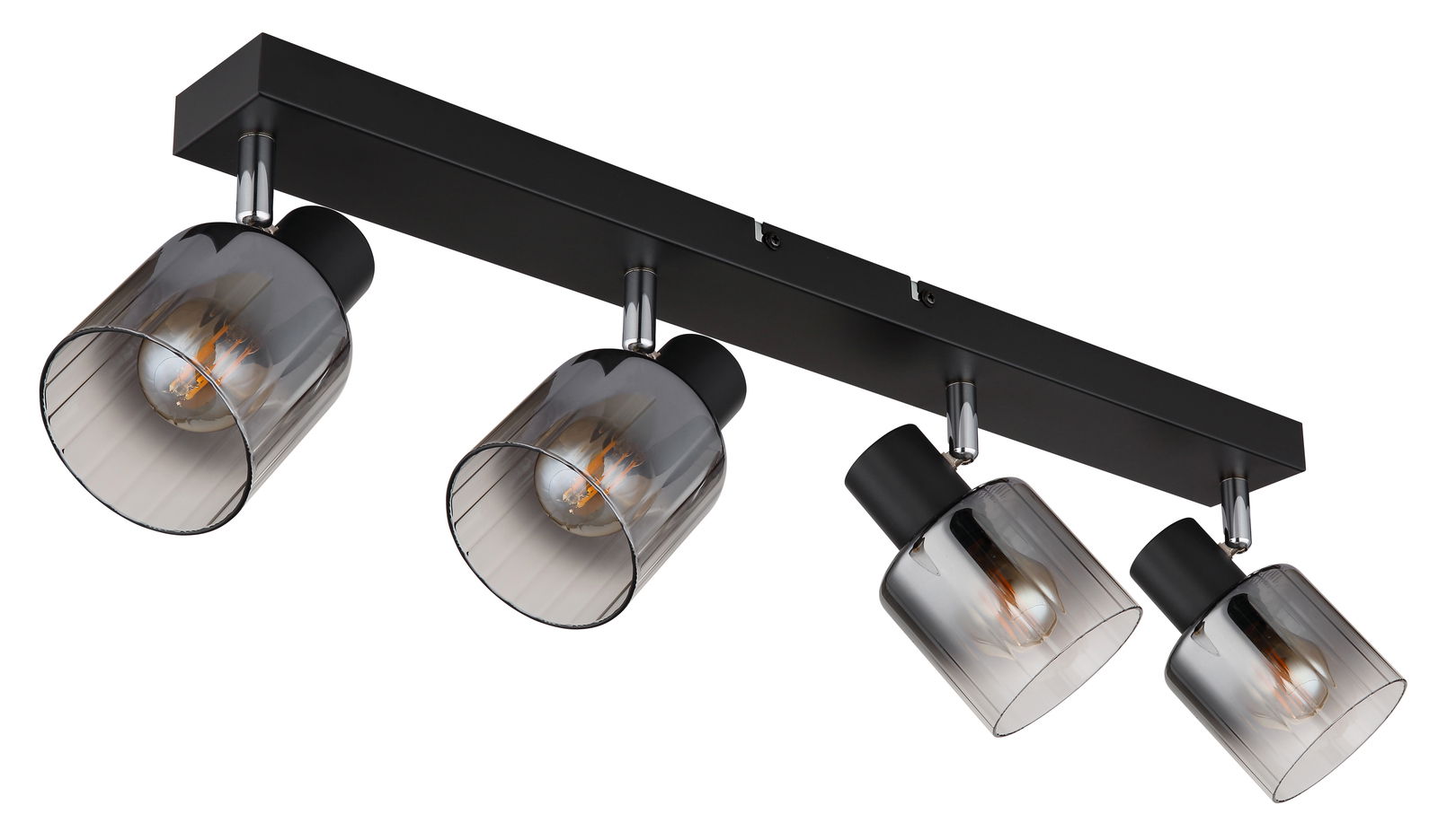 Moderner schwarzer Deckenstrahler mit vier verstellbaren Rauchglaslampenschirmen, seitliche Perspektive