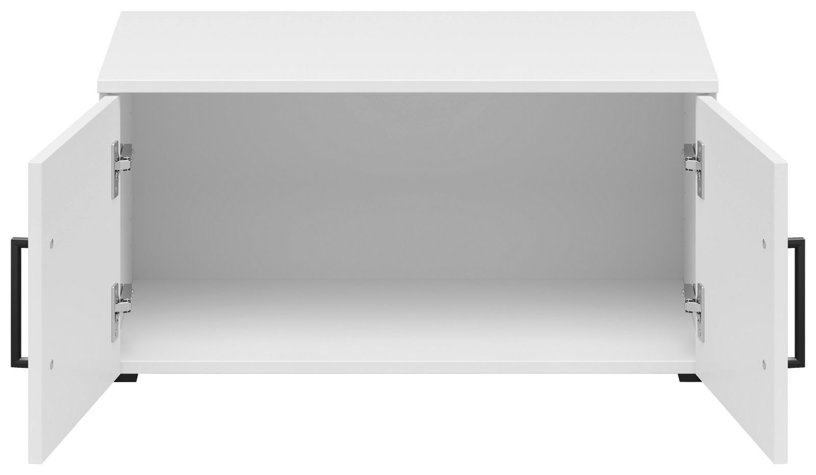 Weißer Aufsatzschrank mit zwei geöffneten Türen, frontale Ansicht