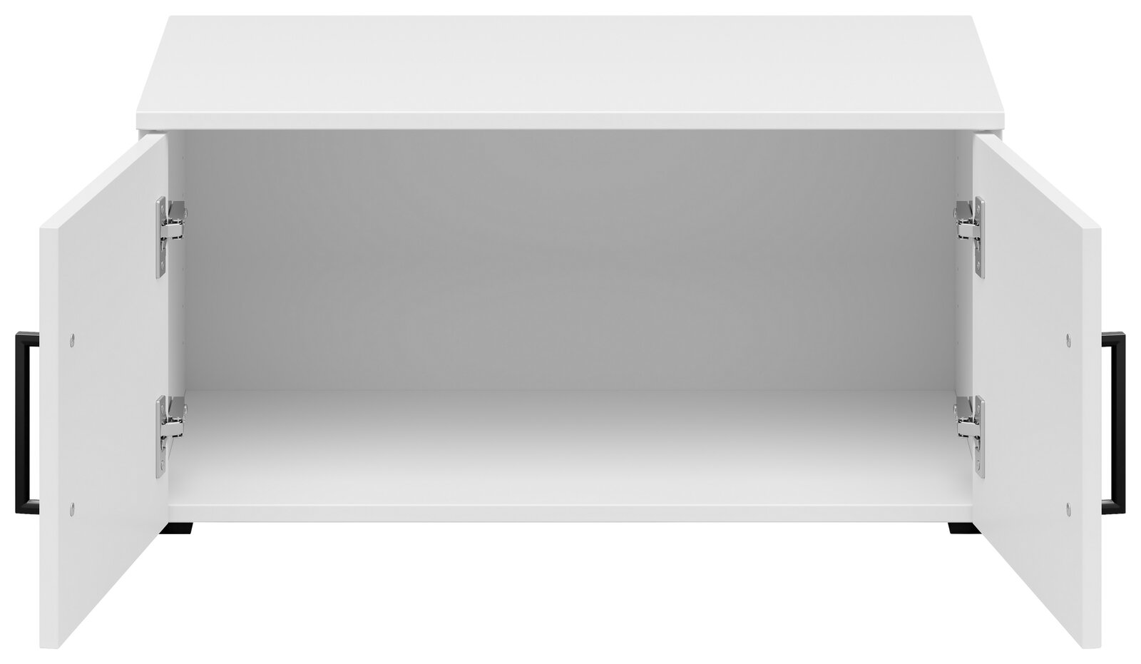 Weißer Aufsatzschrank mit zwei geöffneten Türen, frontale Ansicht