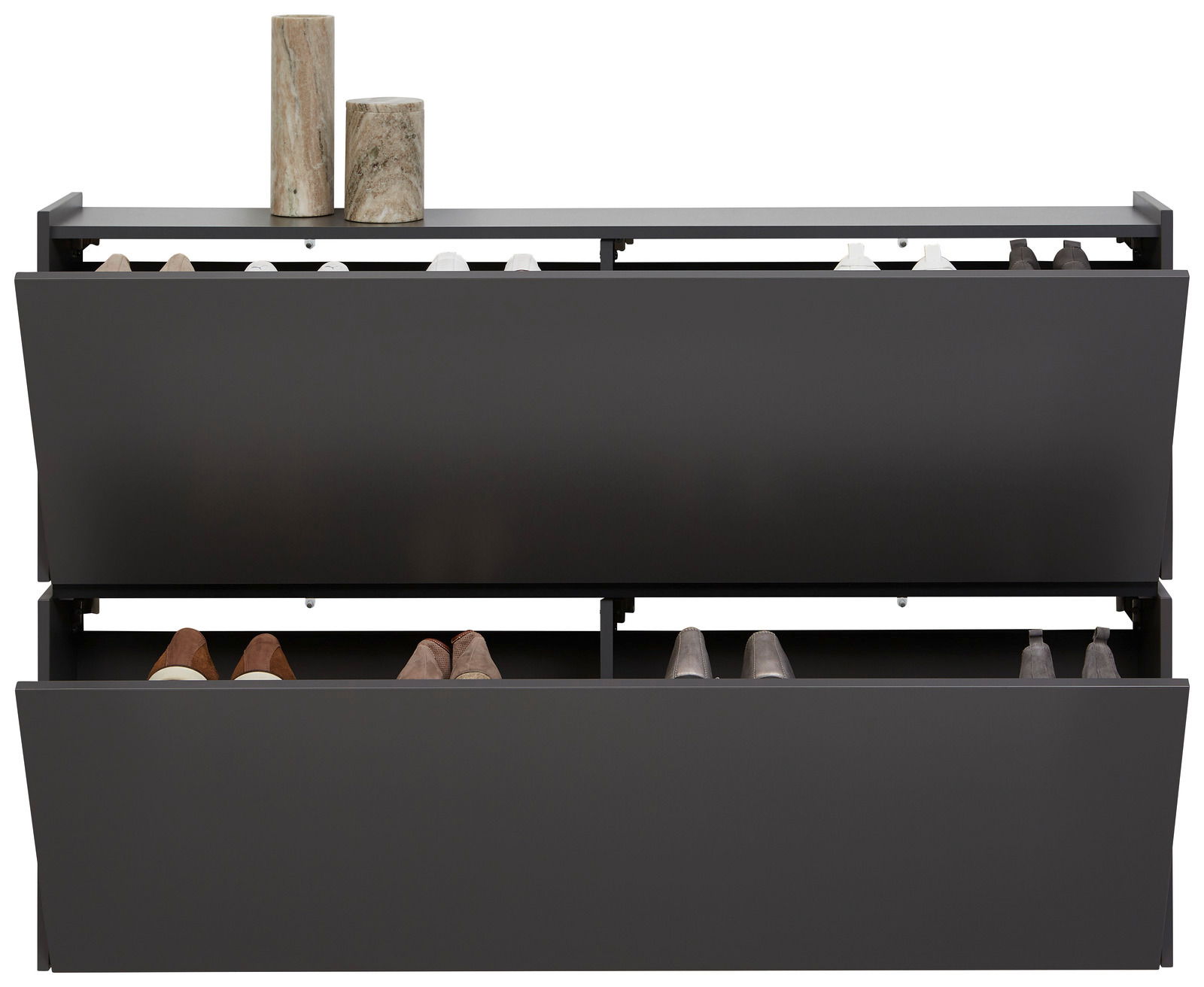 Moderner Hängeschuhschrank in dunklem Design, frontal abgebildet, mit zwei offenen Klappen und mehreren Paar Schuhen.