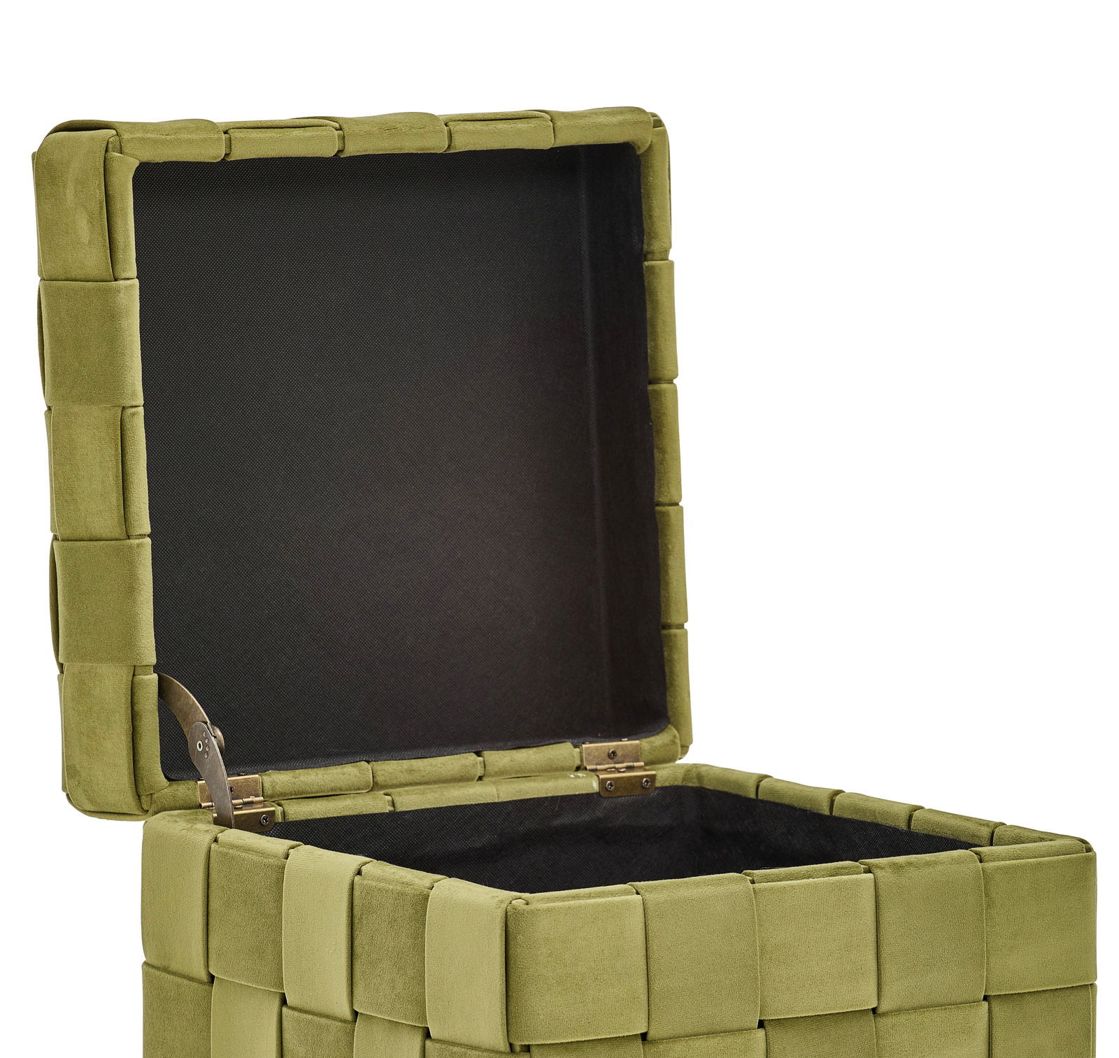 Grüner Hocker mit Stauraum, geöffneter Deckel, seitliche Perspektive