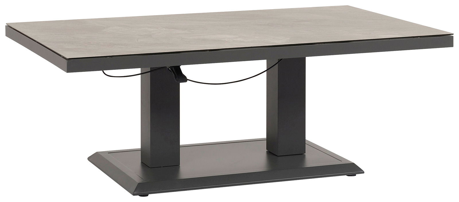 Moderner Gartentisch mit rechteckiger Steinplatte und stabiler Metallbasis, seitliche Perspektive