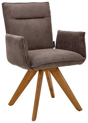 Moderner Armlehnstuhl mit braunem Cordbezug und Holzbeinen, seitliche Perspektive