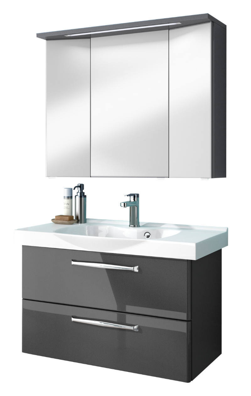 Moderner Badblock mit Spiegelschrank und Waschbecken, Frontansicht