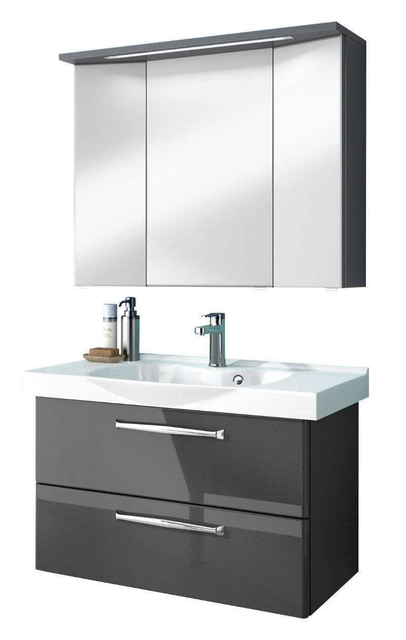 Moderner Badblock mit Spiegelschrank und Waschbecken, Frontansicht