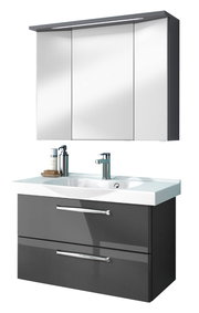 Moderner Badblock mit Spiegelschrank und Waschbecken, Frontansicht