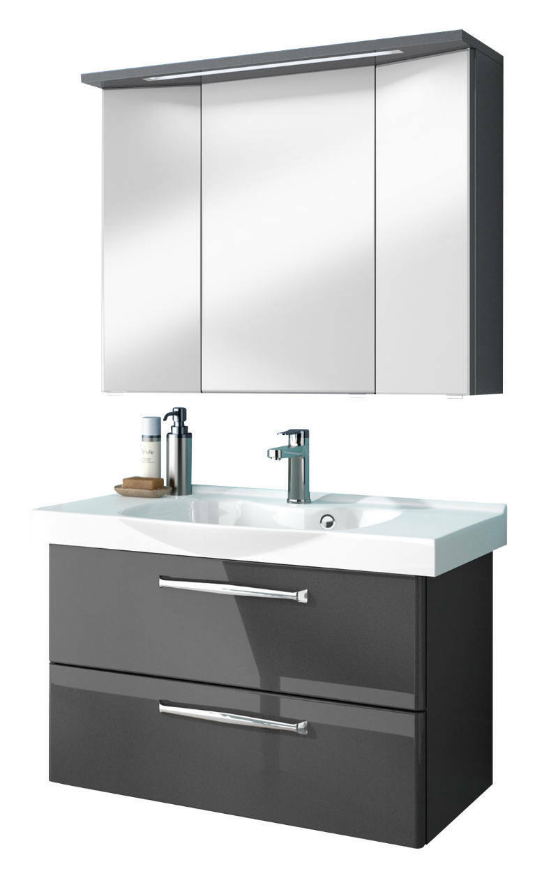 Moderner Badblock mit Spiegelschrank und Waschbecken, Frontansicht