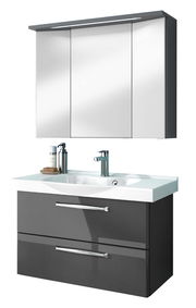 Moderner Badblock mit Spiegelschrank und Waschbecken, Frontansicht