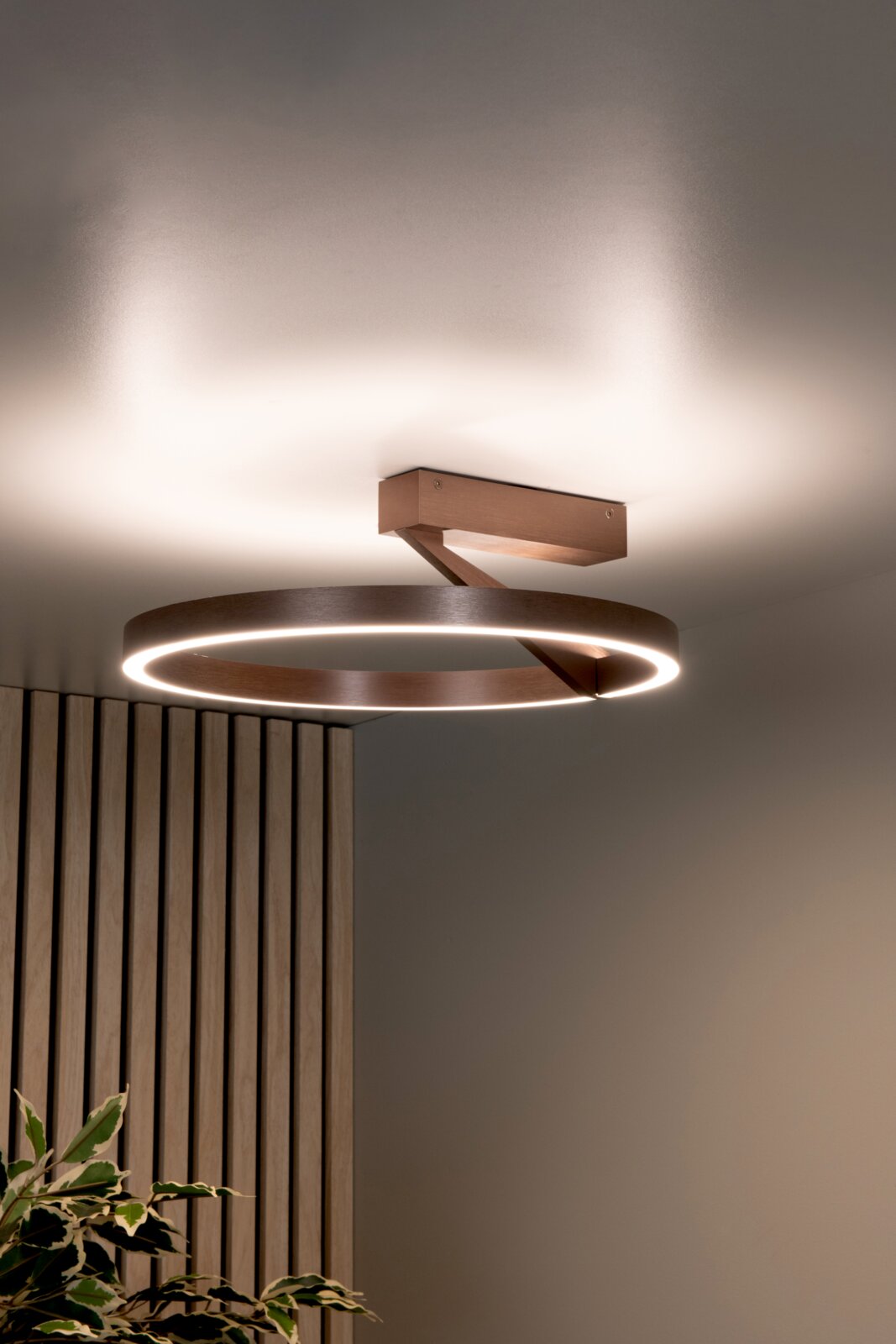 Moderne LED-Deckenleuchte in Ringform mit Holzoptik und warmweißem Licht, an der Decke montiert, Perspektive leicht von unten im Innenraum.