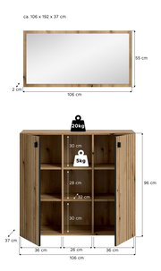 Rustikales Holz-Sideboard/Schrank mit zwei geöffneten Lamellentüren und sechs Fächern, Maße ca. 106 x 96 x 37 cm; darüber passender rechteckiger Wandspiegel im Holzrahmen (ca. 106 x 55 cm), Frontalansicht.