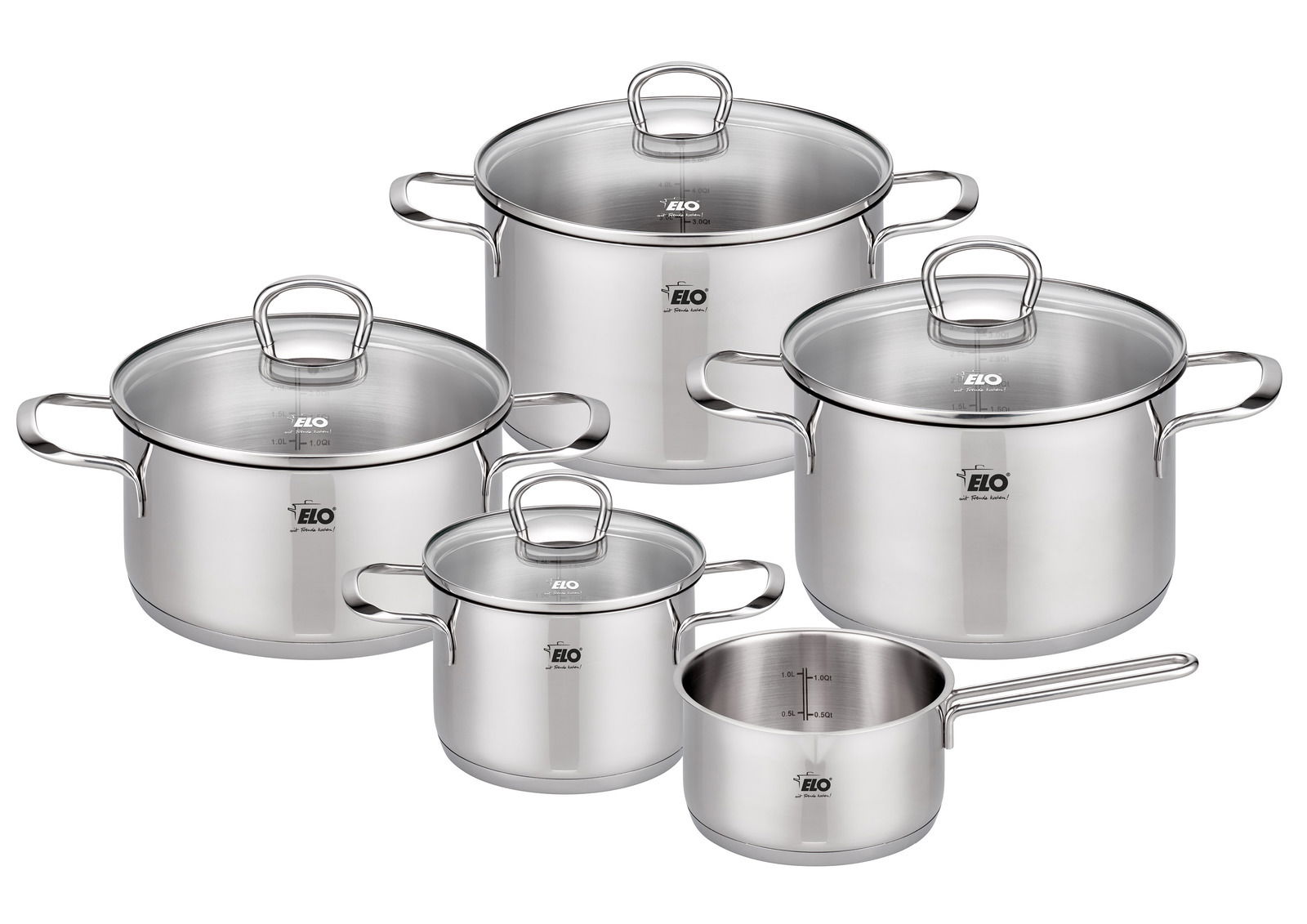 Fünfteiliges Topfset Jaspis aus Edelstahl mit Glasdeckeln, frontal abgebildet.