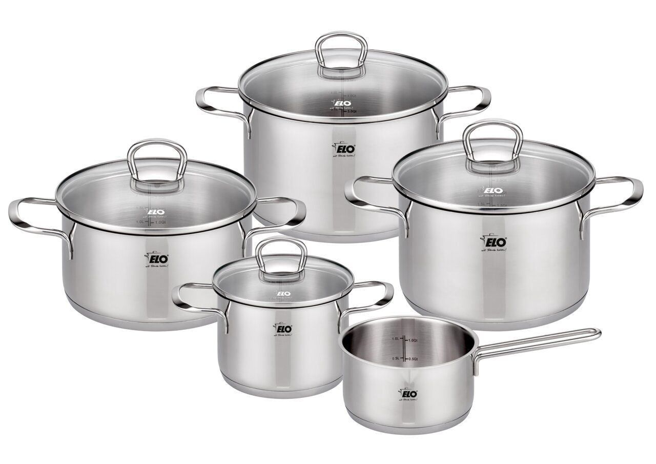 Fünfteiliges Topfset Jaspis aus Edelstahl mit Glasdeckeln, frontal abgebildet.