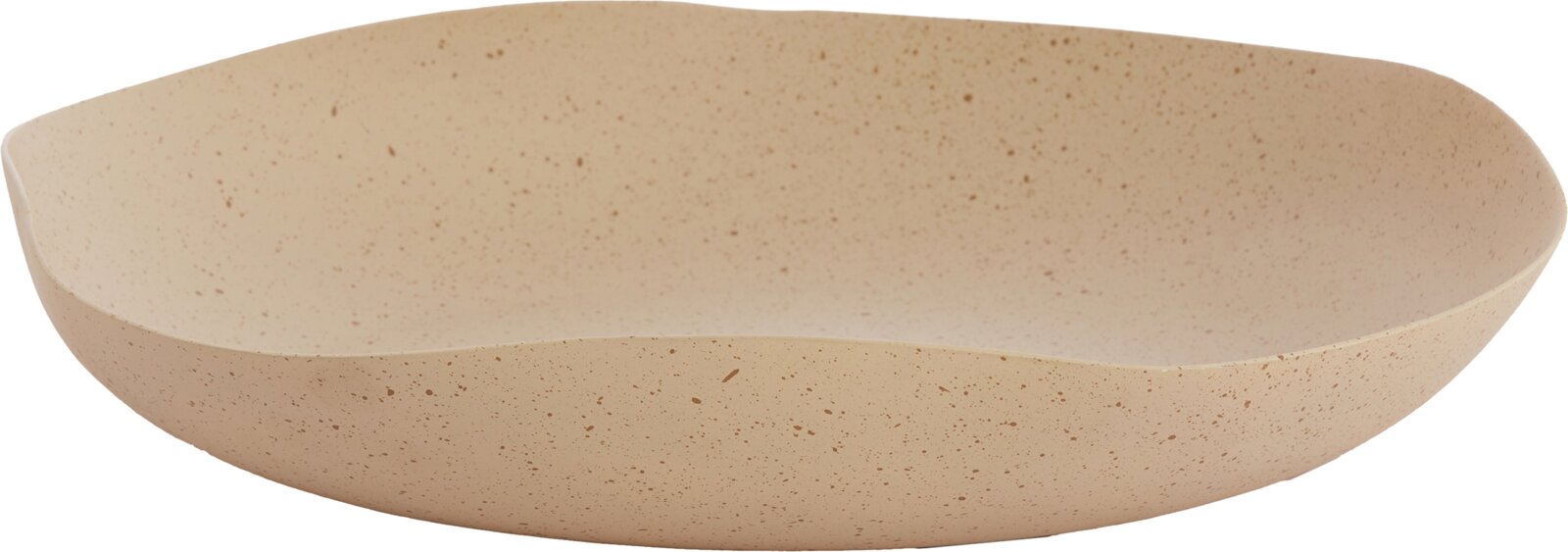 Beige gesprenkelte, rechteckige Servierschale mit abgerundeten Ecken, aus leicht erhöhter Vorderansicht gezeigt