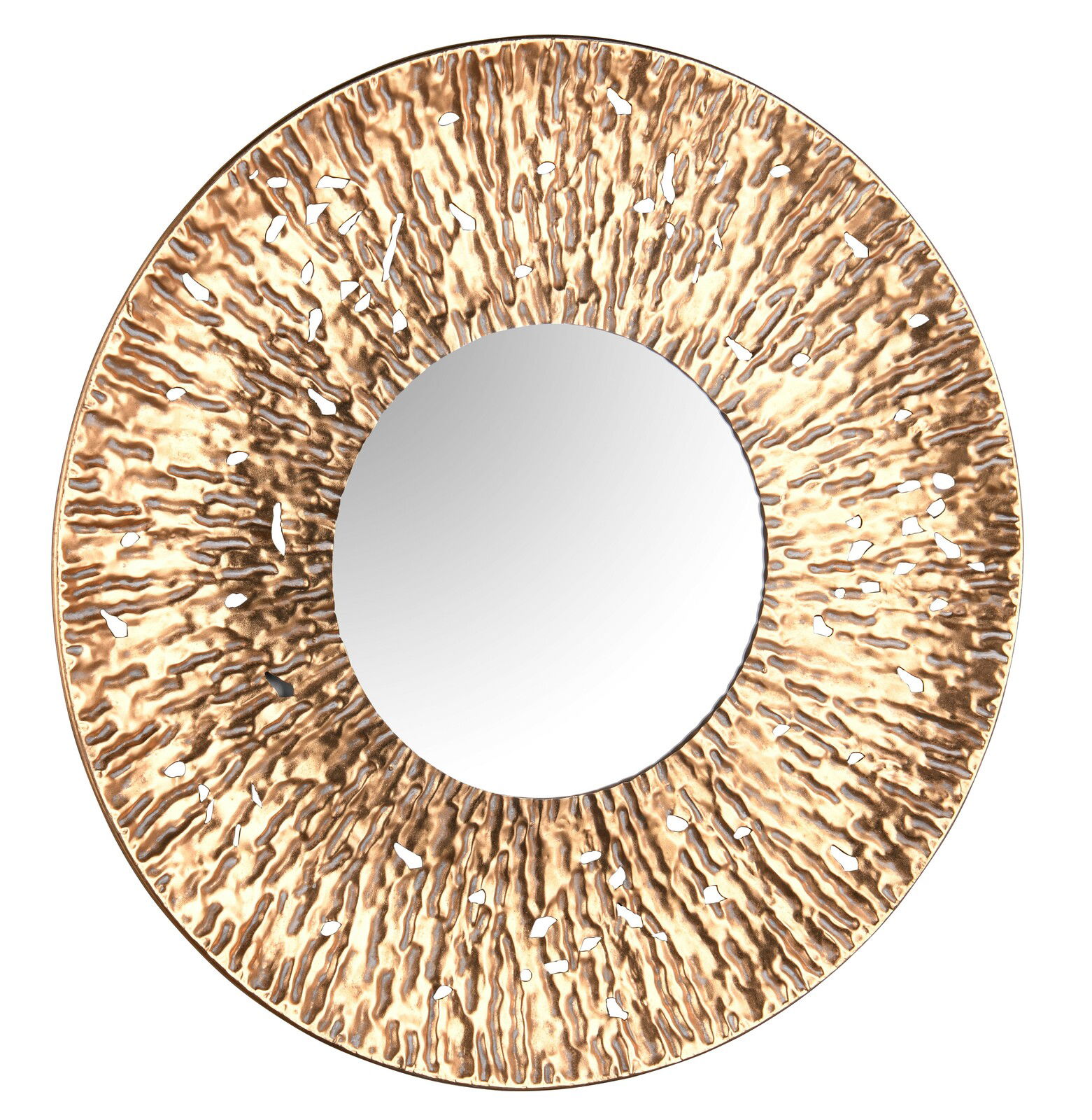 Runder Spiegel mit einem Durchmesser von 80 cm, umgeben von einem kunstvoll strukturierten, goldfarbenen Rahmen. Draufsicht auf das Produkt.