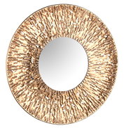 Runder Spiegel mit einem Durchmesser von 80 cm, umgeben von einem kunstvoll strukturierten, goldfarbenen Rahmen. Draufsicht auf das Produkt.
