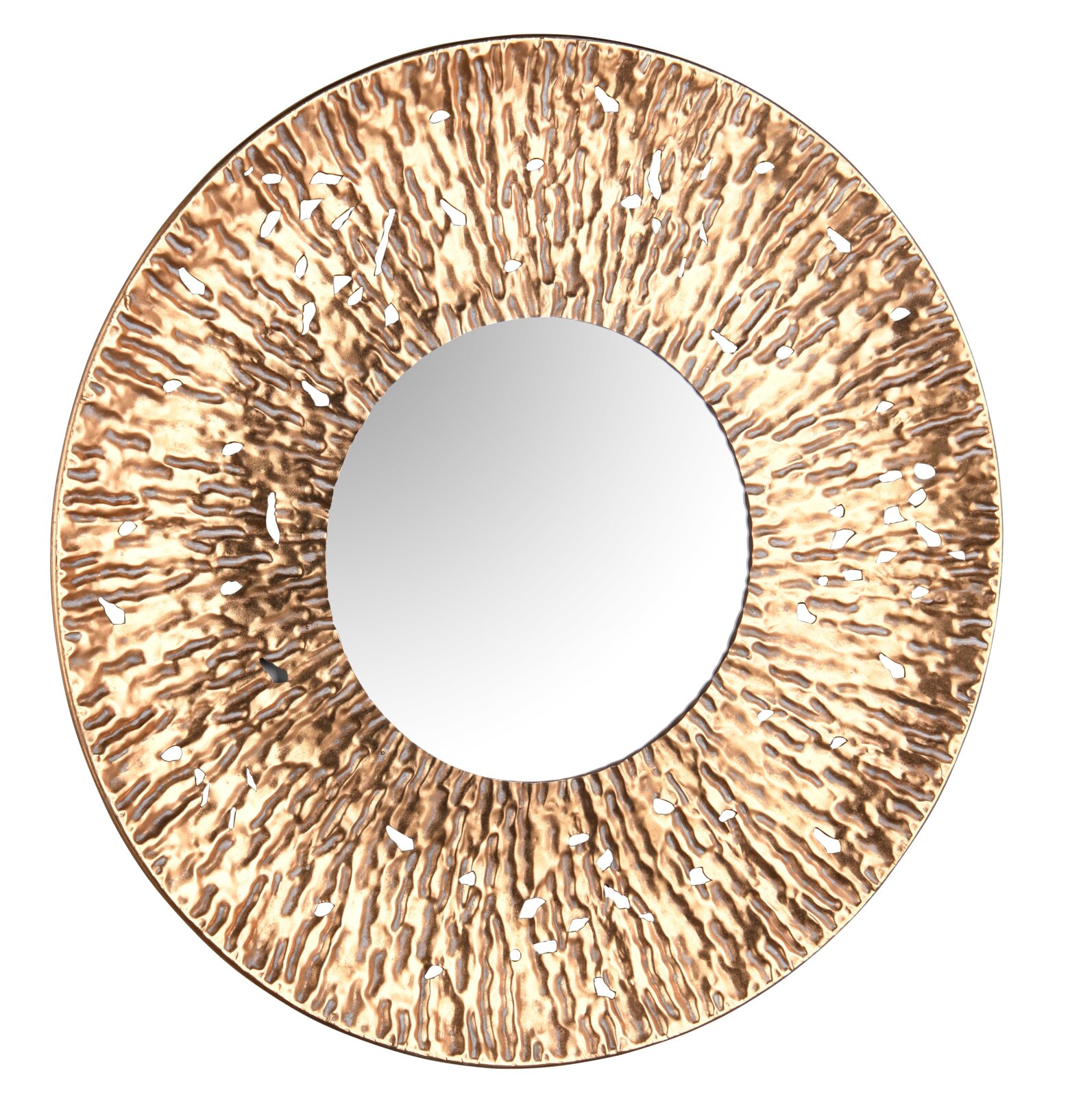 Ronde spiegel met een diameter van 80 cm, omgeven door een kunstig gestructureerde, goudkleurige lijst. Bovenaanzicht van het product.