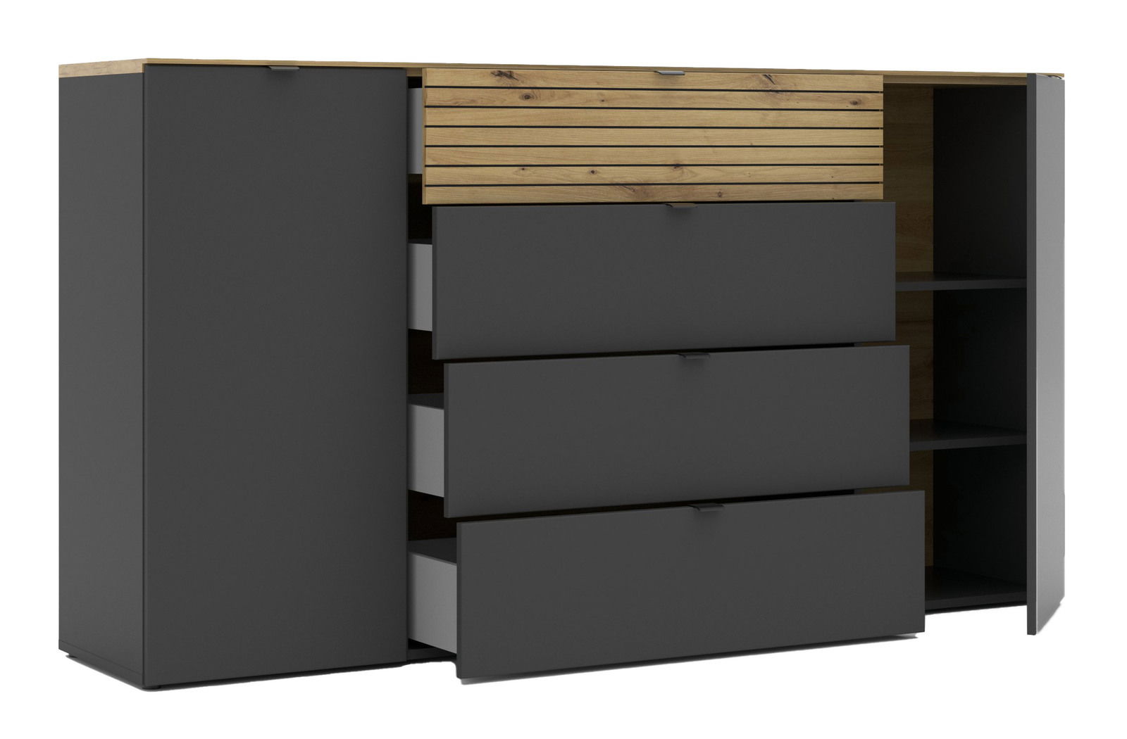 Modernes Sideboard in dunklem Grau mit Holzdetails, offene Schubladen und Türen, Frontalansicht