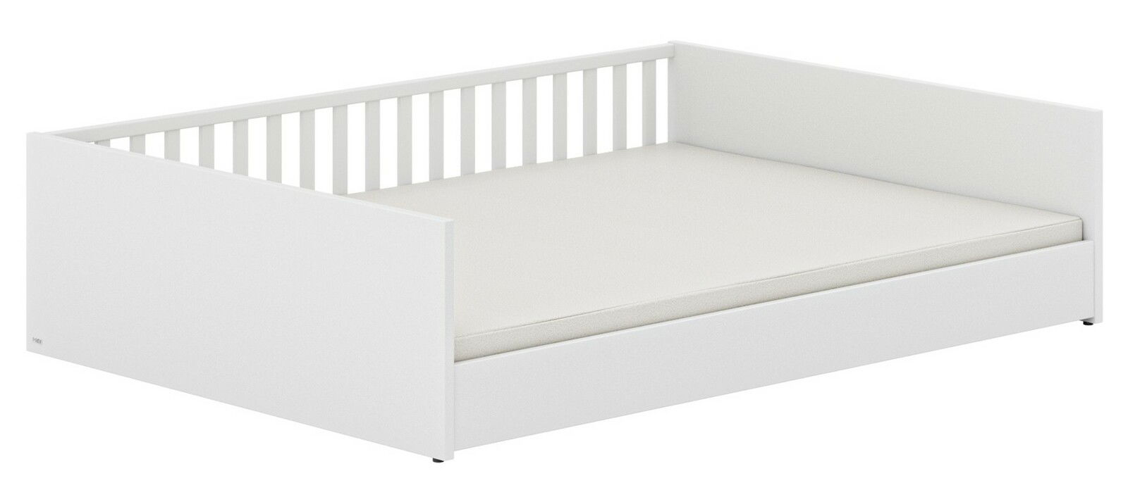 Weißes Bodenbett mit Gitter an der Rückseite, seitlicher Blickwinkel