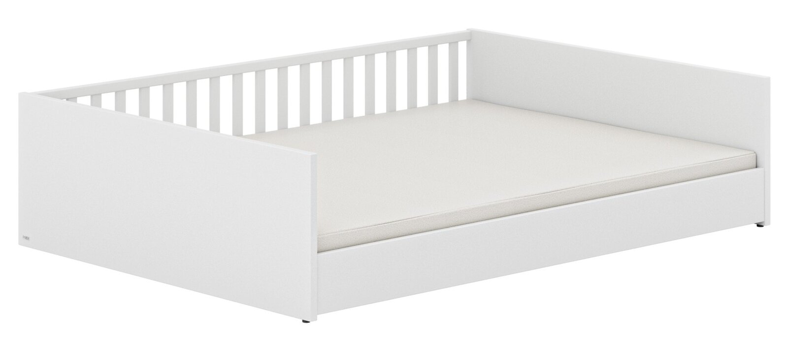 Weißes Bodenbett mit Gitter an der Rückseite, seitlicher Blickwinkel