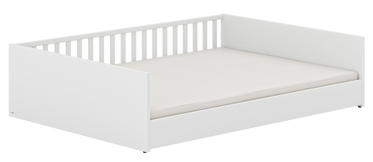 Weißes Bodenbett mit Gitter an der Rückseite, seitlicher Blickwinkel