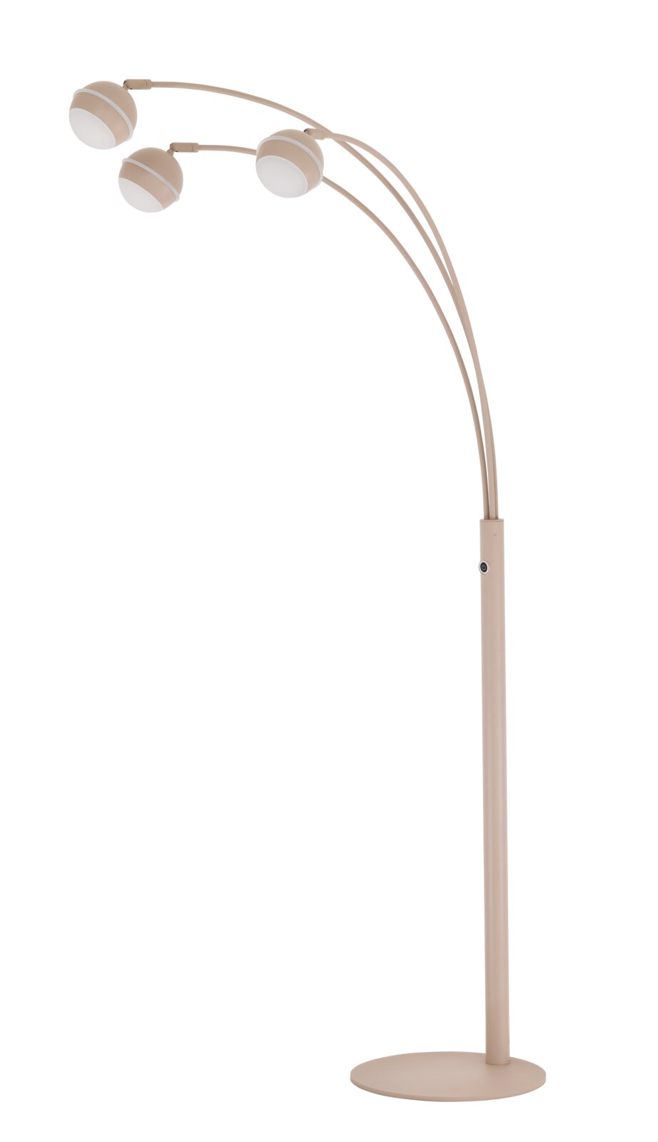 Moderne beige vloerlamp met drie gebogen armen en ronde witte lampkappen, volledig afgebeeld vanuit schuin vooraanzicht op een witte achtergrond