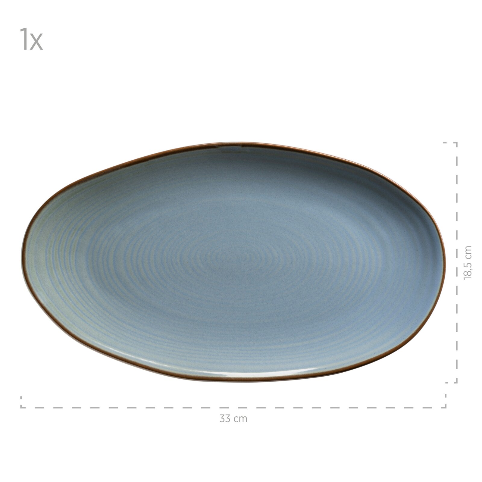 Ovaler blauer Keramik-Servierteller mit braunem Rand (ca. 33 x 18,5 cm), Draufsicht