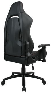 Rückansicht eines schwarzen Gaming-Stuhls mit ergonomischem Design und verstellbaren Armlehnen.